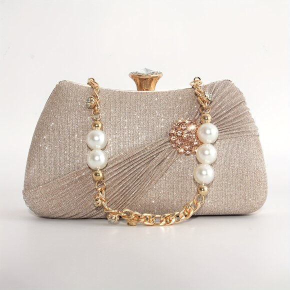 Champagne Pleated Badge Bag Shiny Rhinestone Pearl Bracelet Clutch Crossbody - Picture 5 of 7